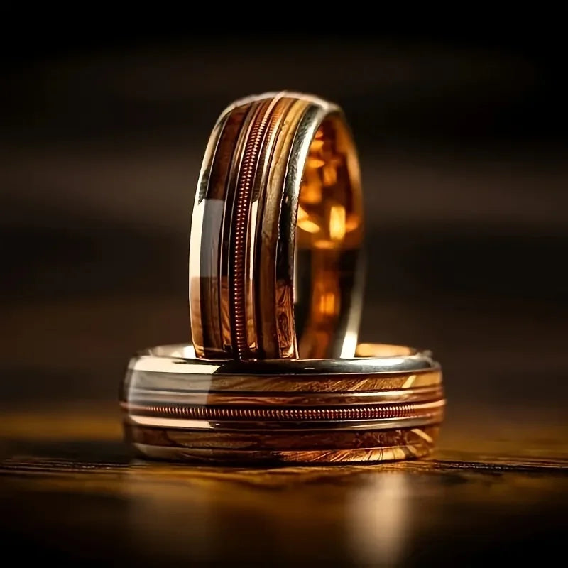 Wood inlay rings on dark surface