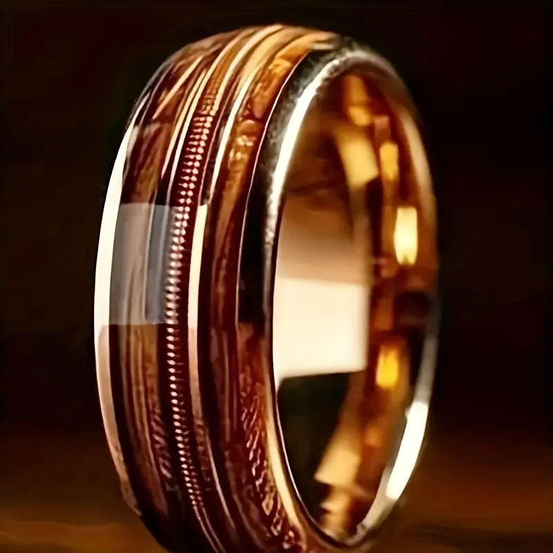 Wooden inlay ring with a textured design on a dark background