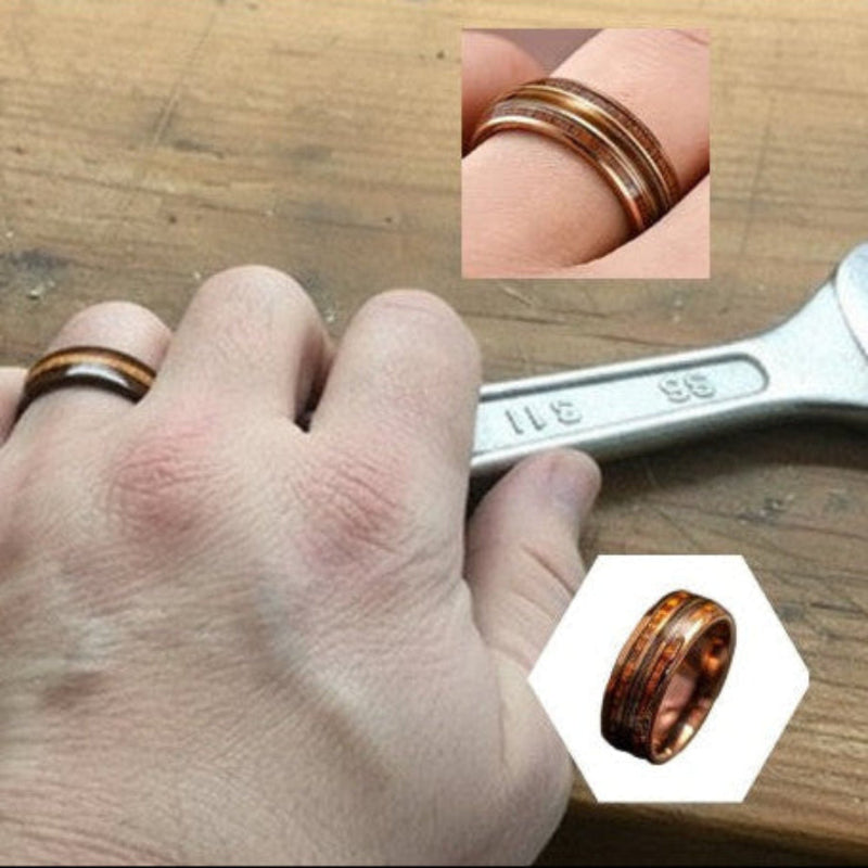 Woodgrain ring on finger of hand holding wrench inset images