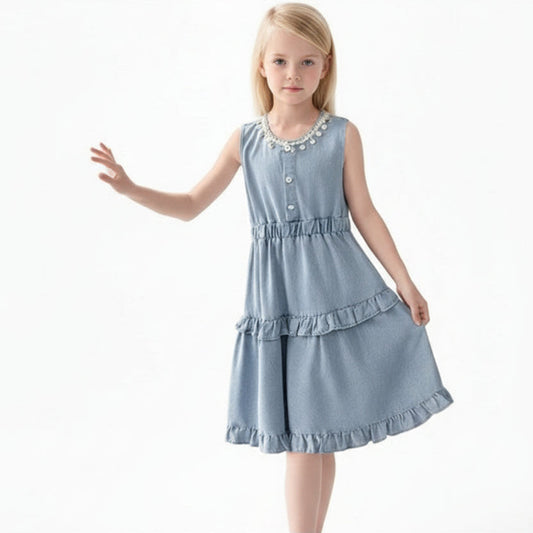 Girls Light Blue Denim Tiered Dress – Sleeveless Country Style Ruffle Chambray Dress for Young Girls & Tweens