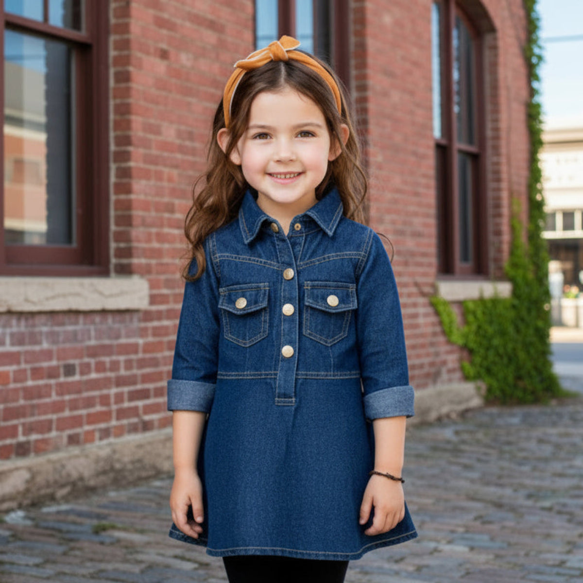 Young girl wearing a denim dress standing in front of a brick building.