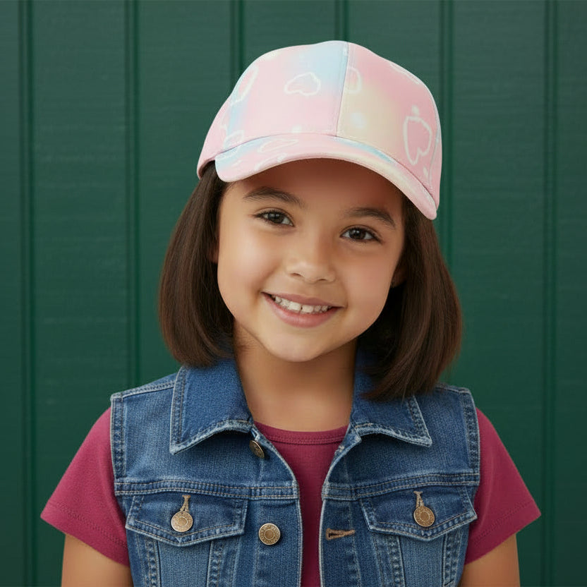 Young girl wearing a tie-dyed baseball cap and denim vest
