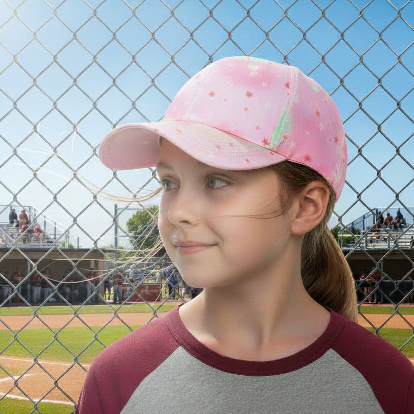 Young girl wearing a pink cap and baseball shirt standing behind a chain-link fence on a baseball field.
