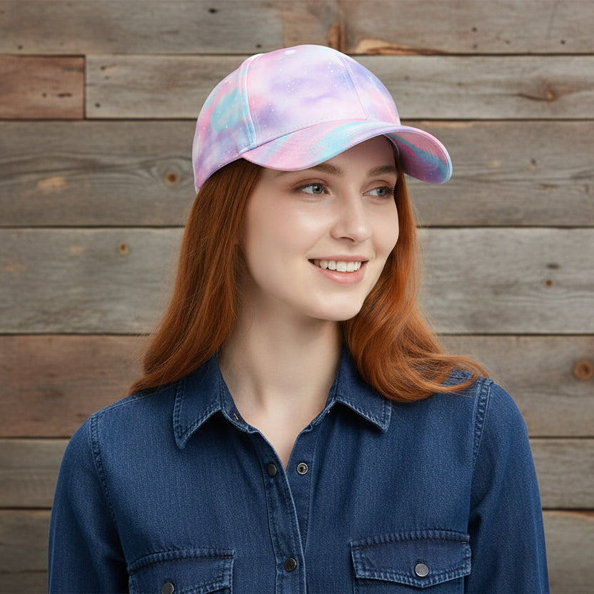 Woman wearing a colorful cap and denim shirt against a wooden background