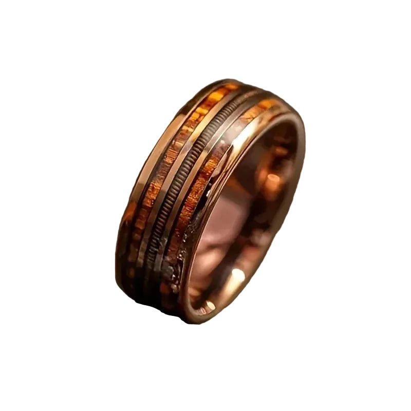 Ring with wooden inlay on a white background