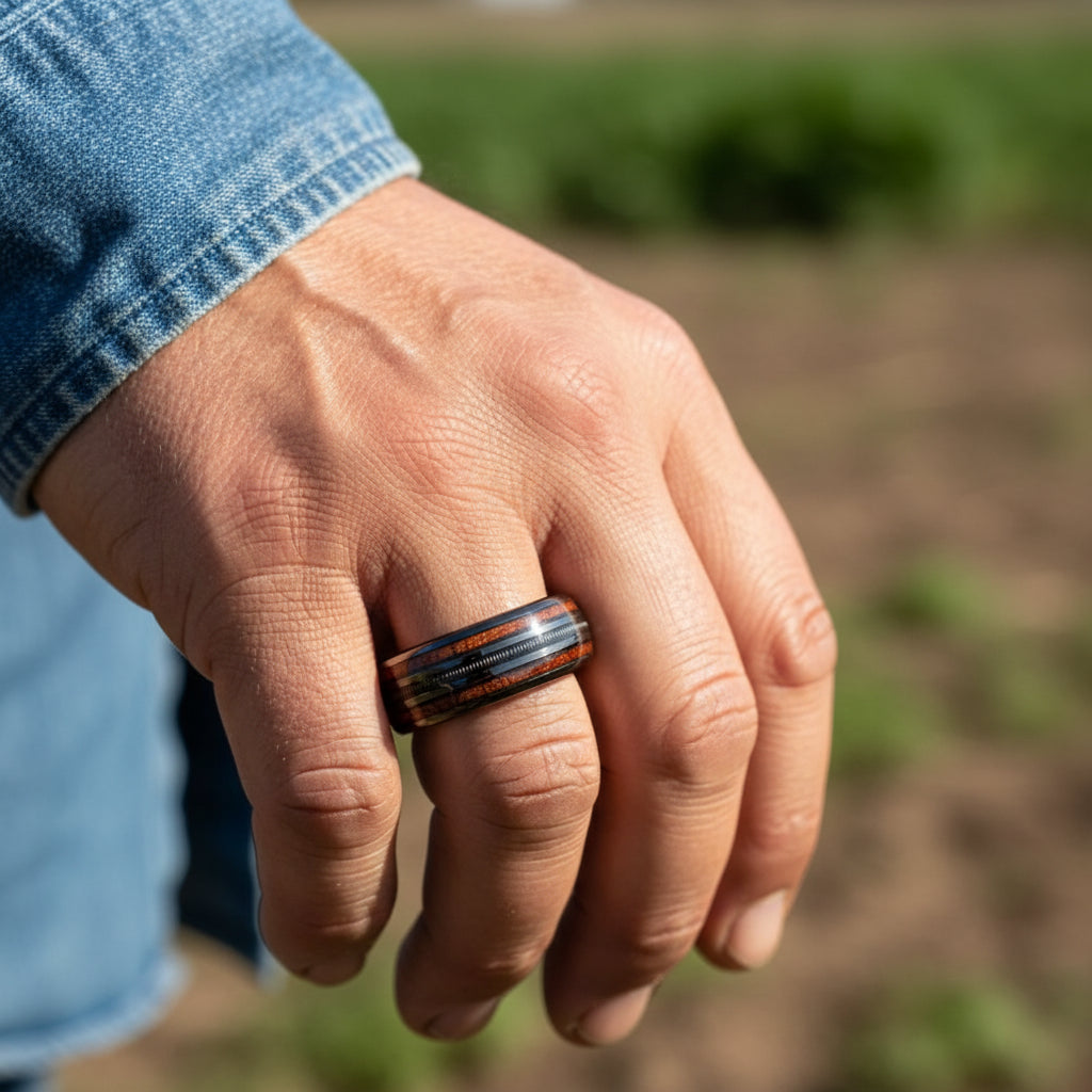 a woodgrain stainless steel ring in a dark finish on a man's hand