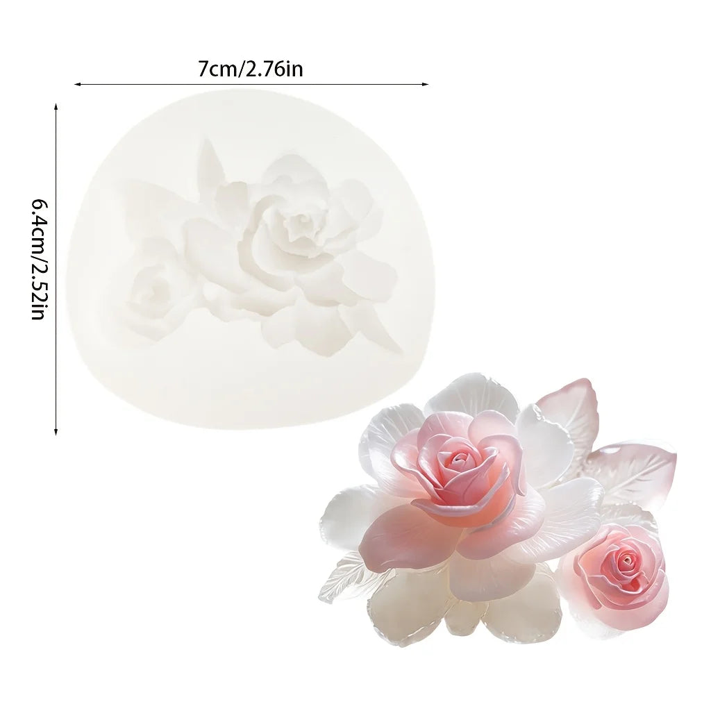 A white oval silicone mold with a raised rose design, shown with dimension arrows indicating 7cm by 6.4cm, alongside pink and white rose flower decorations on a white background.