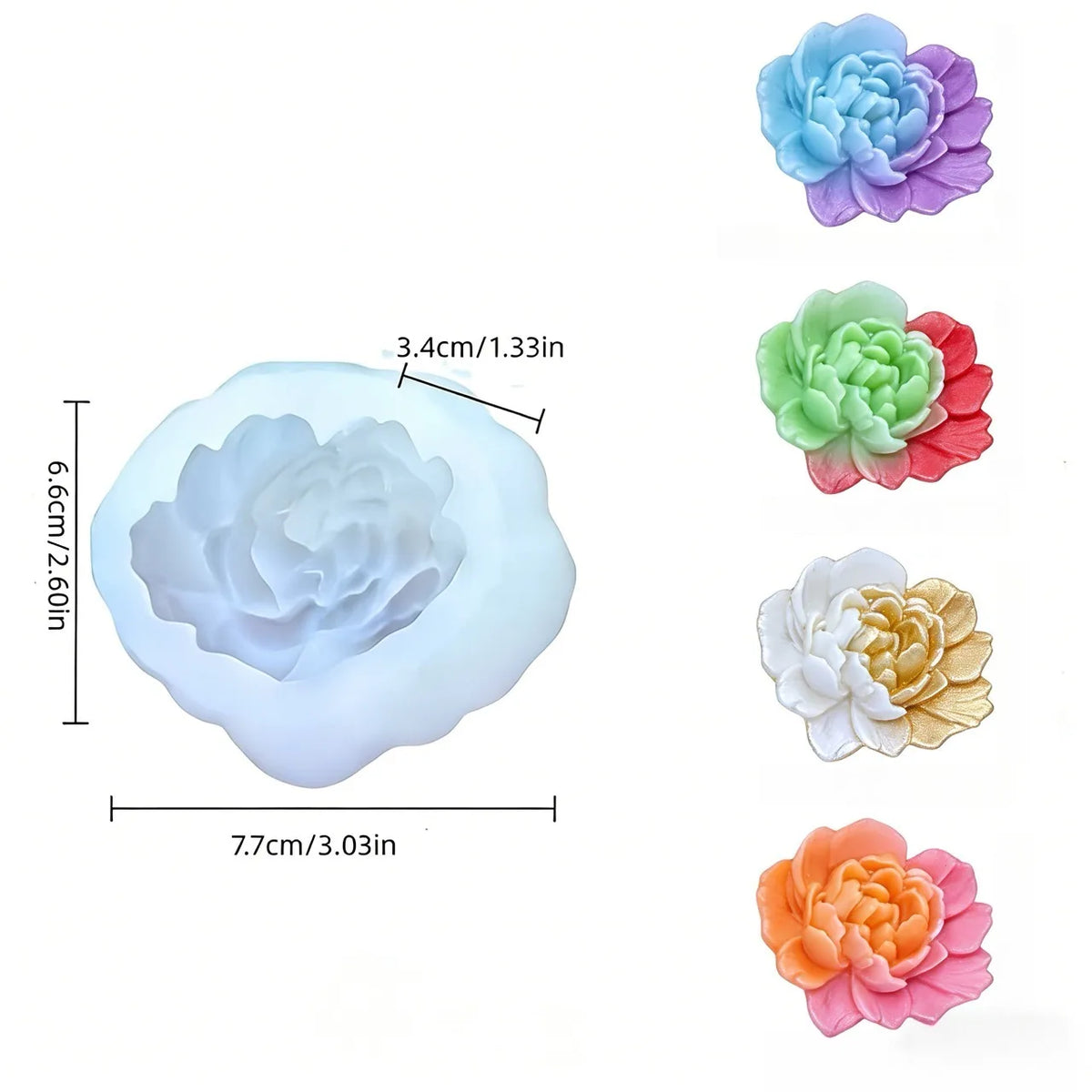 A flower-shaped silicone mold shown on a white background with dimension lines indicating 7.7cm width and 6.
