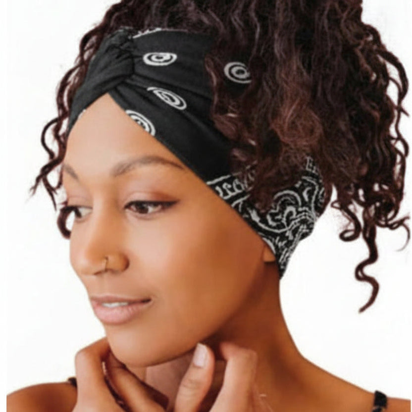 Wide Elastic Cotton Headband – Black Bandana, Country Style