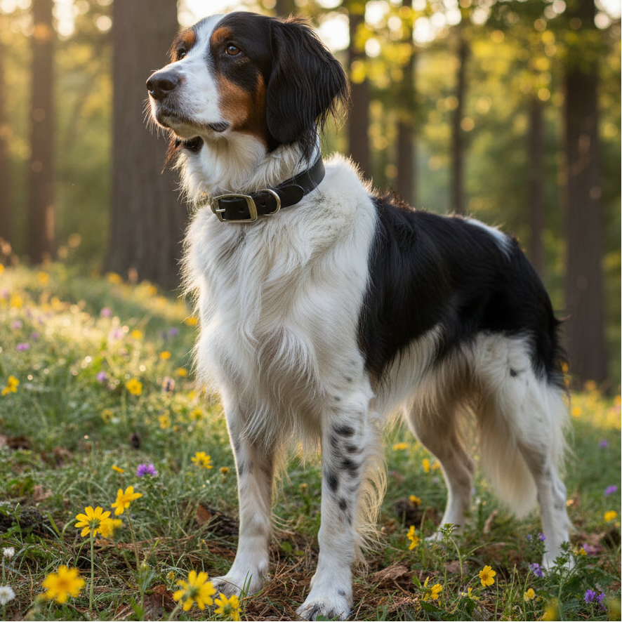 Black leather dog collar with silver buckles on a multi-colored bird dog