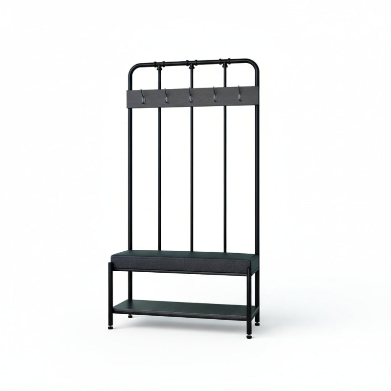 Black metal hall tree with hooks and shoe storage, showing measurements and weight capacity.