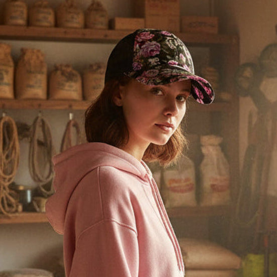 Woman wearing a floral cap and pink hoodie in a rustic setting with shelves and bottles.