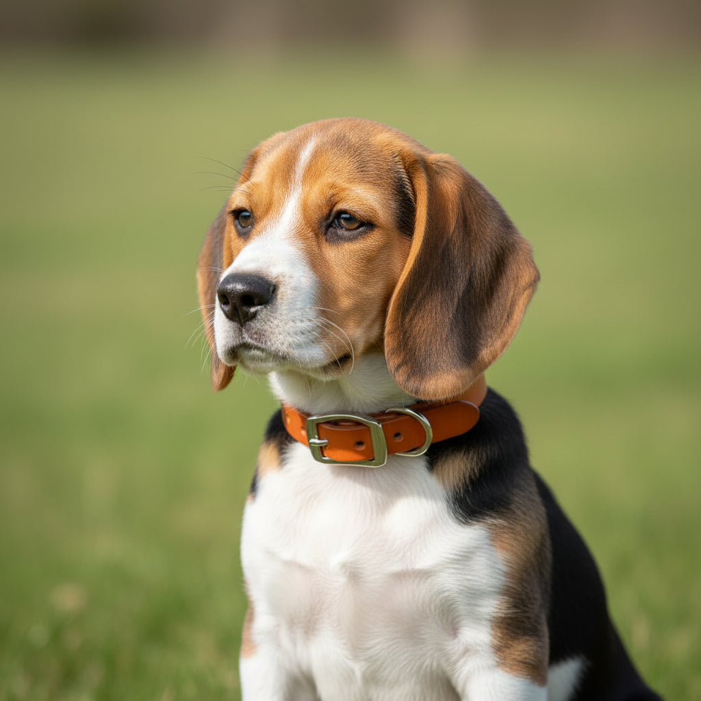A warm orange-brown leather collar with a polished silver-tone metal buckle and D-ring, displayed on a beagle puppy.