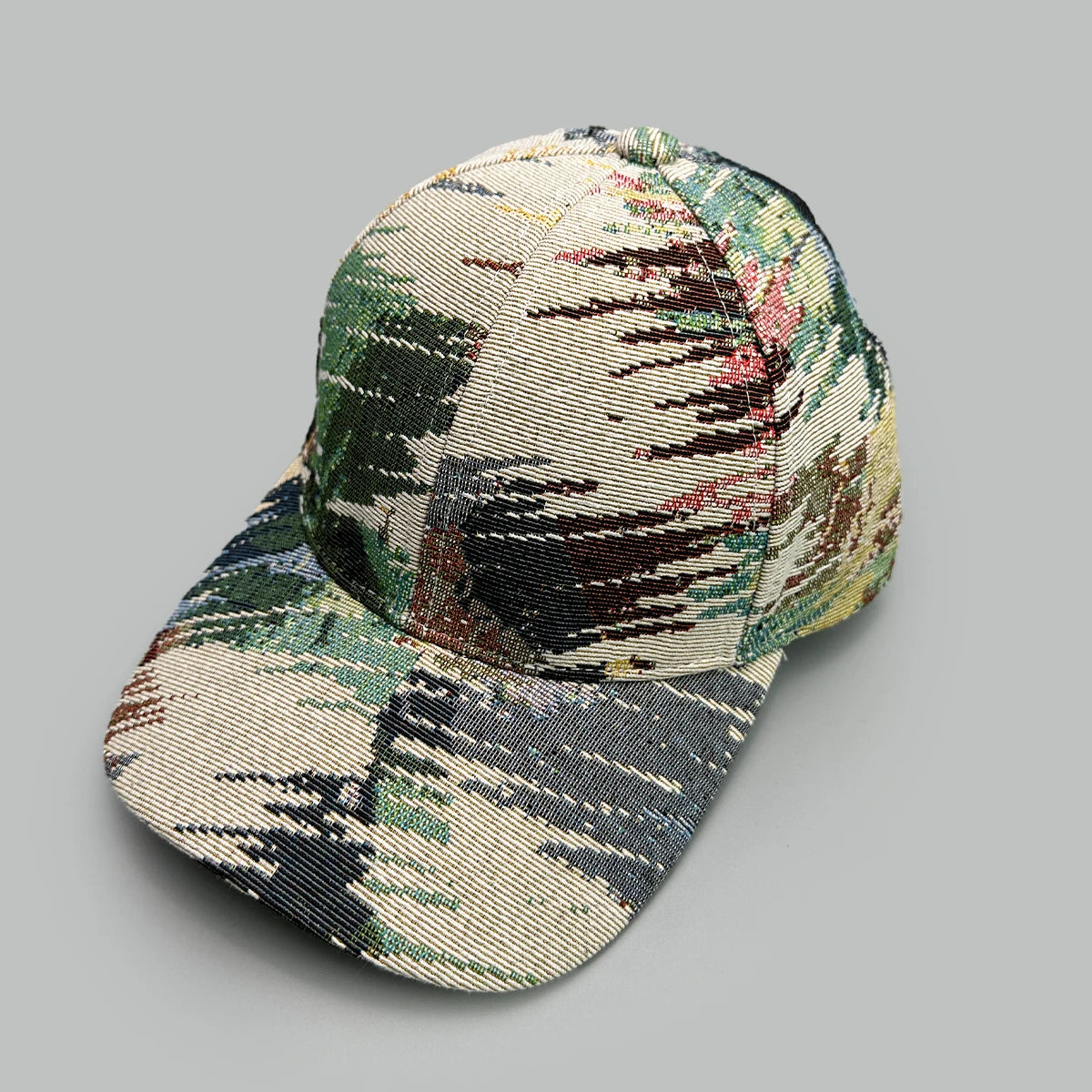 Multicolored patterned cap on a gray background