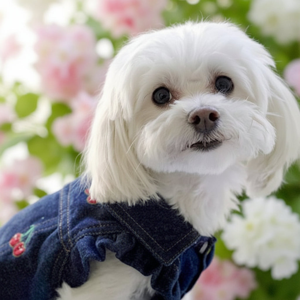 A small white dog wearing a dark blue denim-style pet jacket with embroidered red cherries, photographed outdoors against a softly blurred green background.
