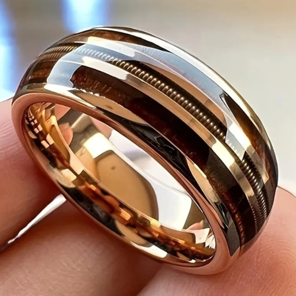a close view of a woodgrain-look ring for men