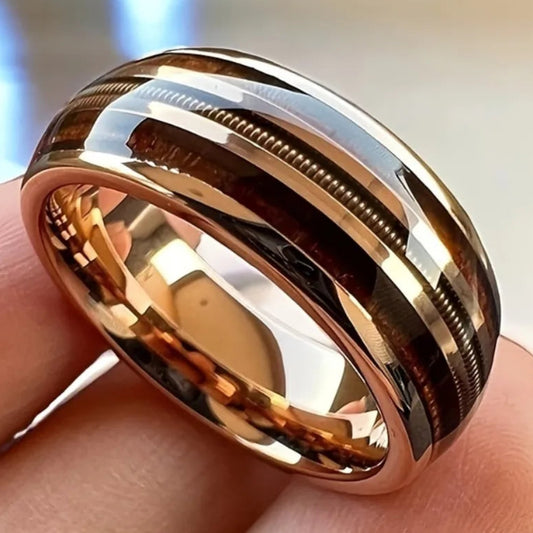 a close view of a woodgrain-look ring for men