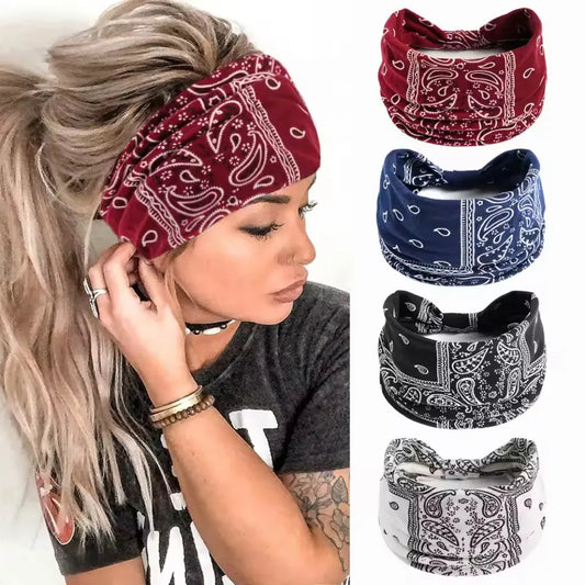 blue, red, black, white bandana paisley pattern country-style headbands