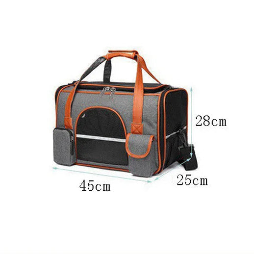 Gray and black pet carrier bag shown on a white background with dimension labels indicating 45cm width, 25cm depth, and 28cm height.