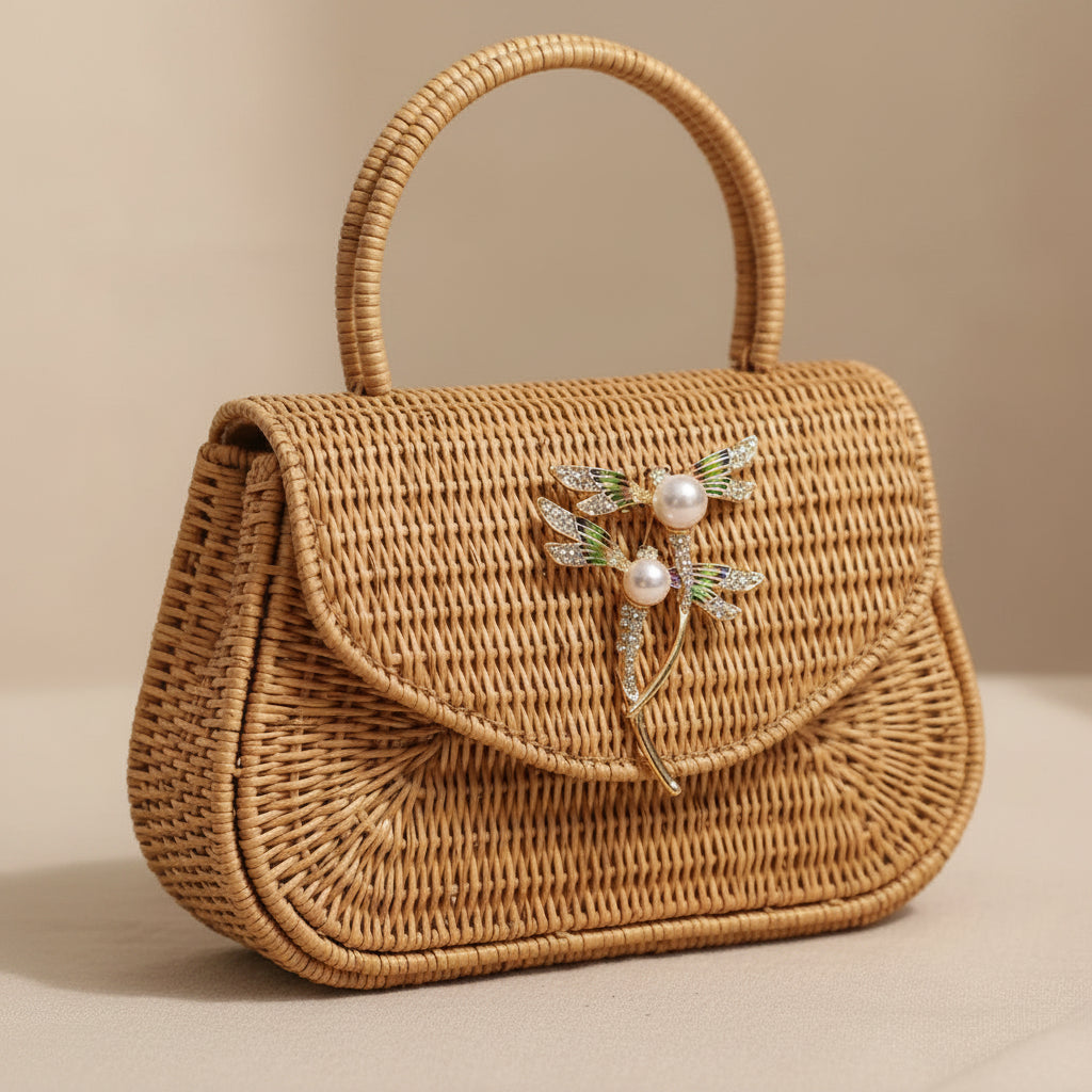 a wicker purse with a brooch of two dragonflies attached