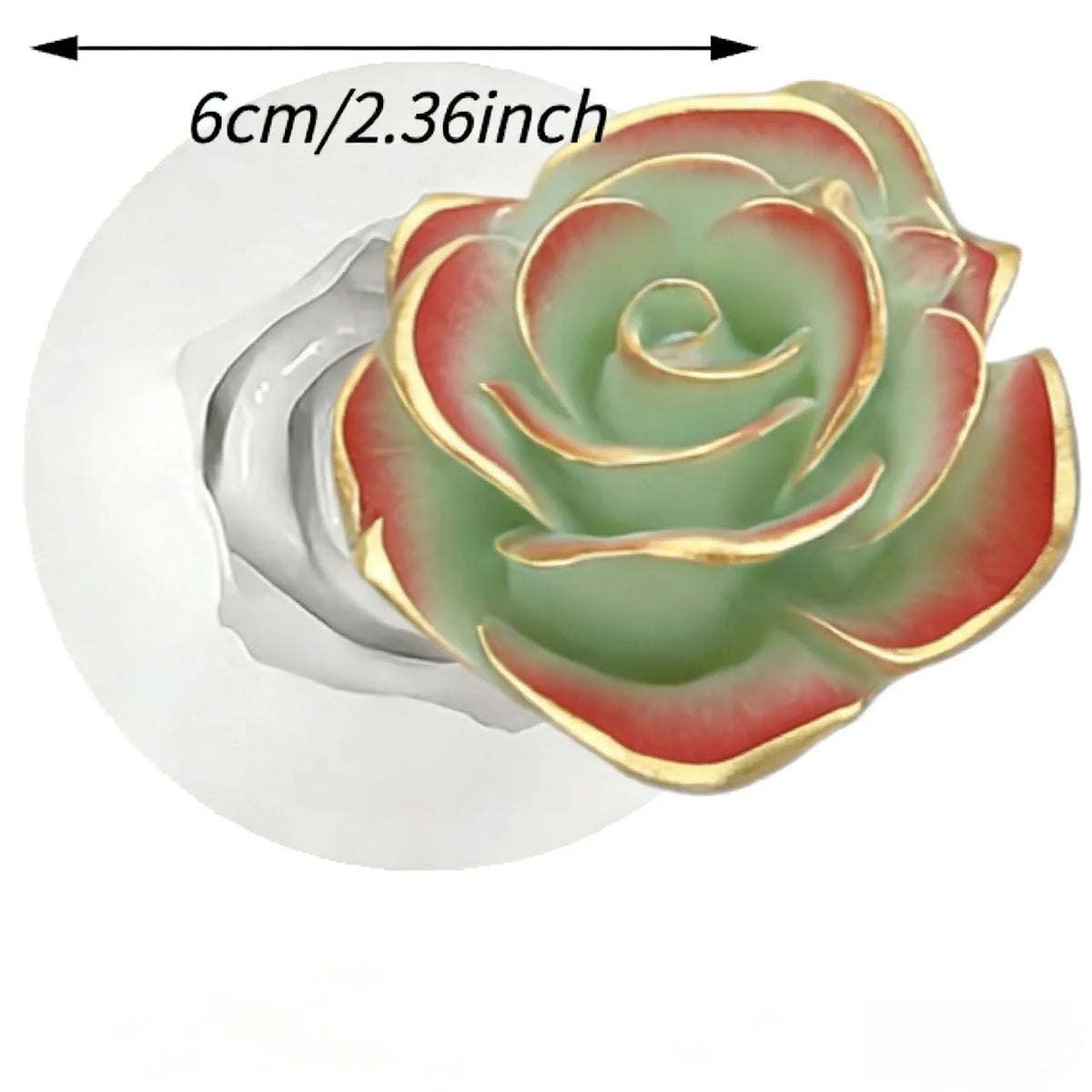 A close-up of a rose-shaped decorative item with layered green, red, and gold tones, shown on a white background with a measurement arrow and text reading 6cm/2.36inch.