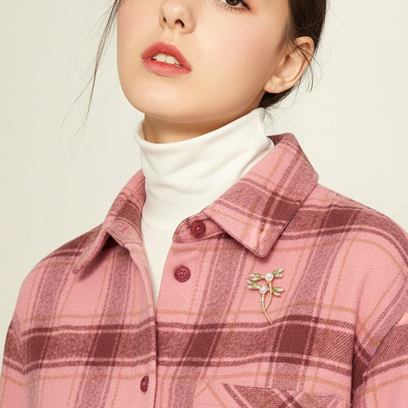 double dragonfly pin on pink flannel shirt