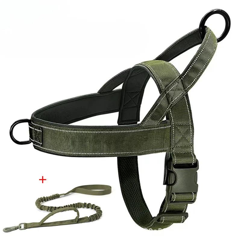 An olive green tactical dog harness with black padded interior and black metal rings, shown with an olive green coiled leash on a white background.