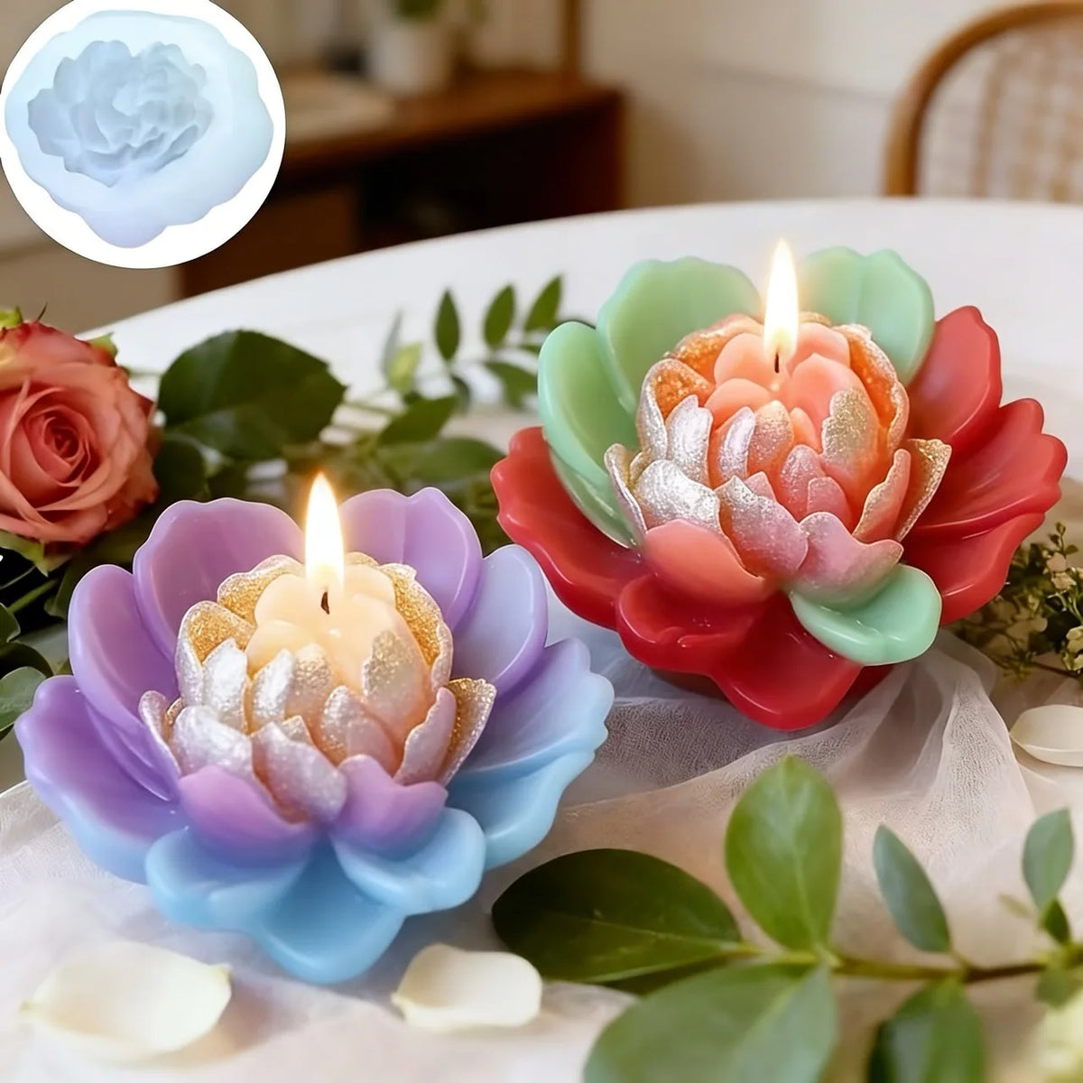 Two flower-shaped candles on a table with a close-up of a floral silicone mold.