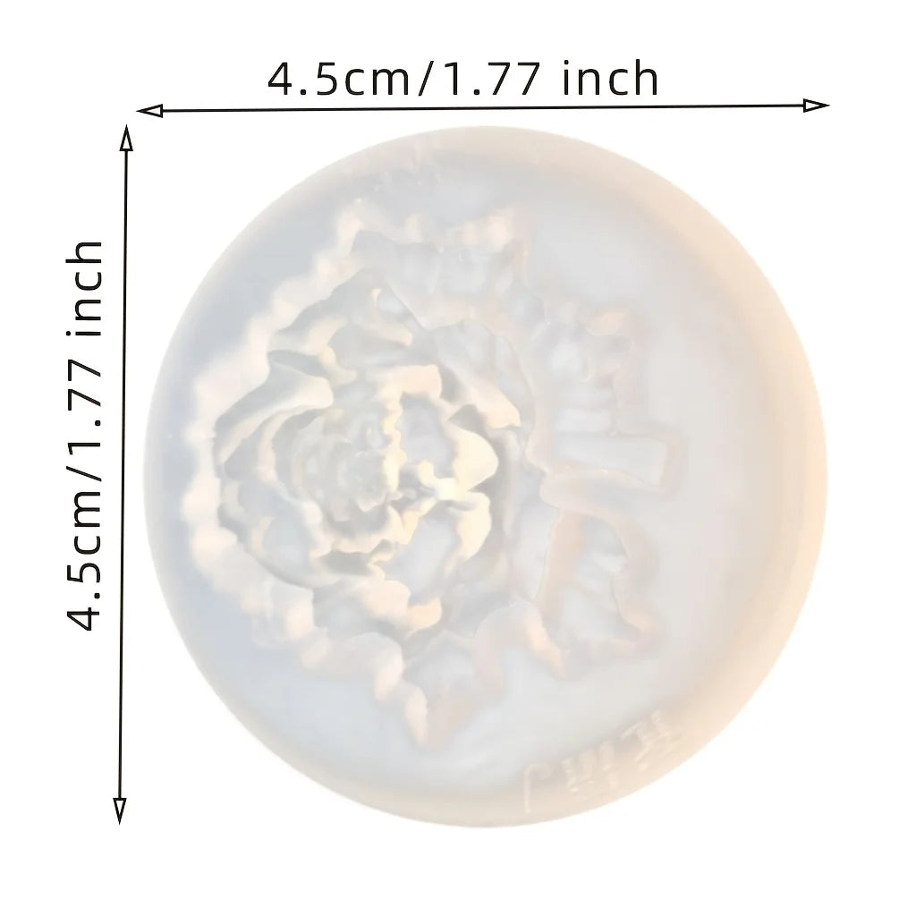 A round translucent silicone mold with a floral embossed design, shown with black dimension lines and text indicating a height and width of 4.5cm (1.