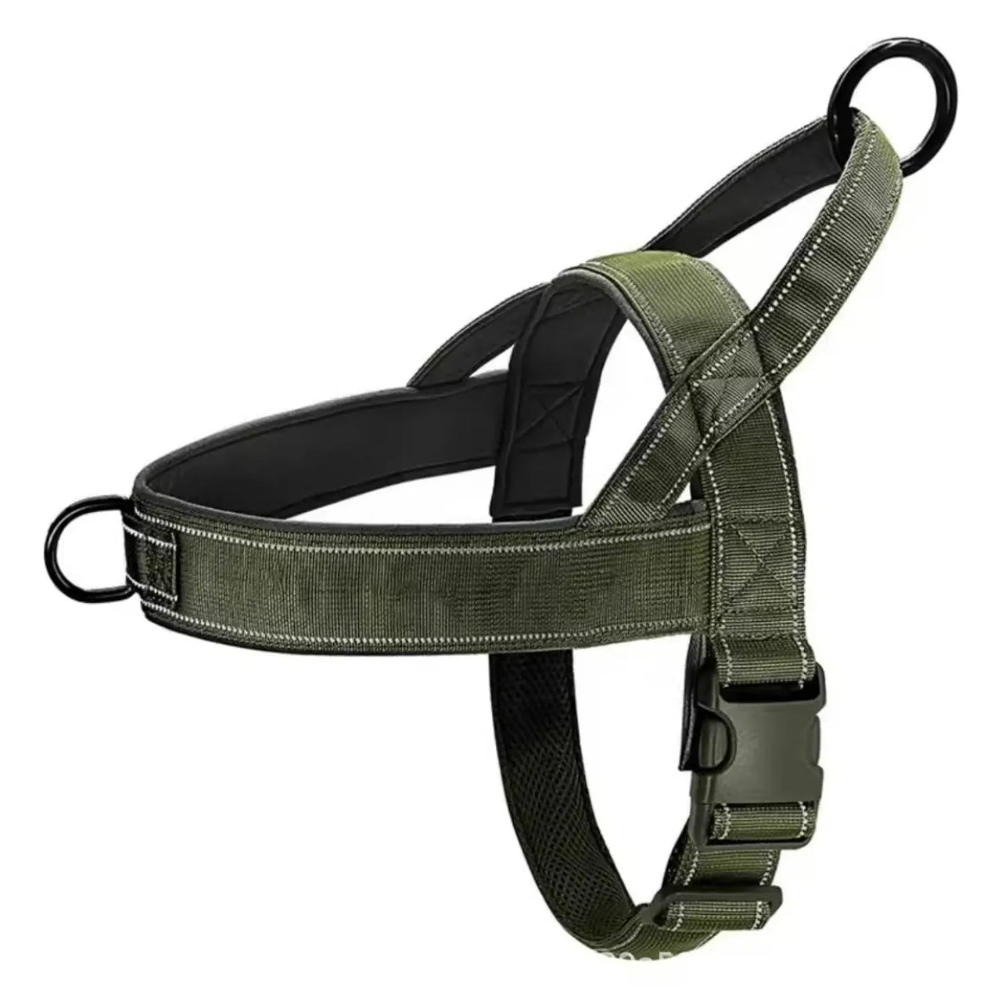 An olive green tactical dog harness with black plastic hardware, including a quick-release buckle and metal rings, shown against a plain white background.