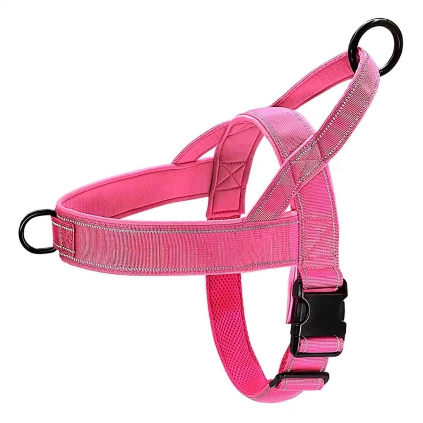 Pink dog harness with black buckles on a white background