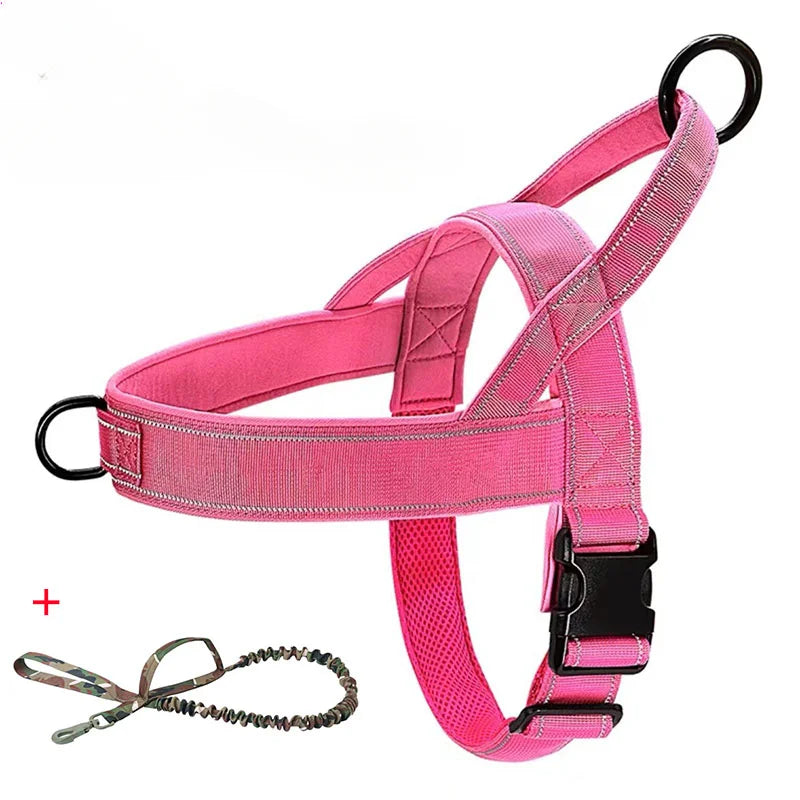 pink dog harness with  green camo leash as a set