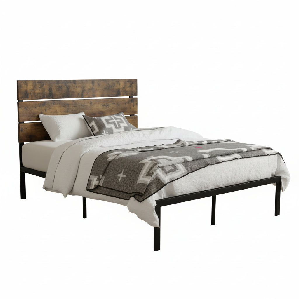 Bed with wooden headboard and patterned bedding