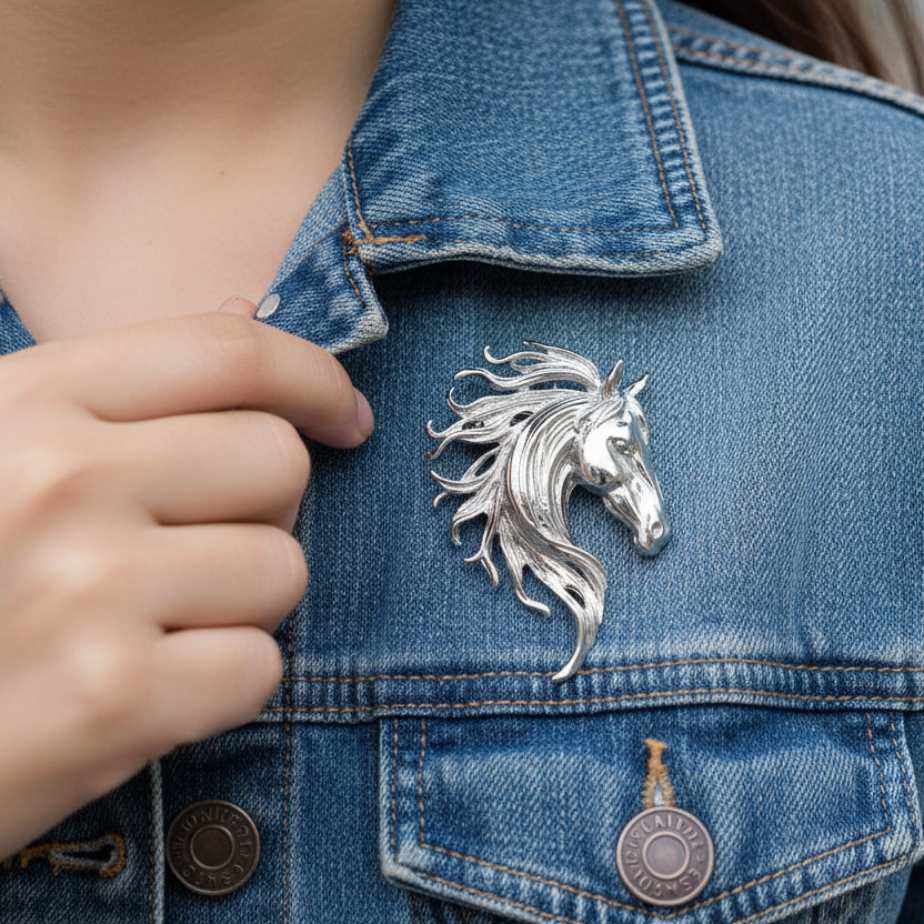 Silver horse head brooch on a blue denim jacket