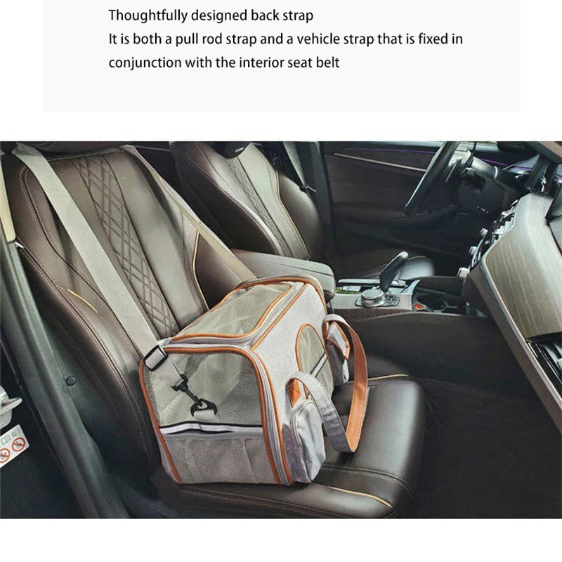 A pet car seat bag shown installed on a car seat.