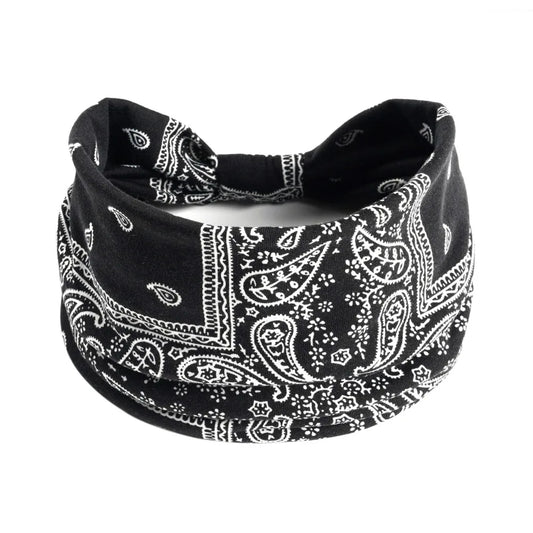 Black bandana with white paisley pattern on a white background